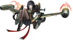 Rule 34 | 1girl, black hair, blunt bangs, breasts, closed mouth, full body, jacket, jet engine, long hair, looking at viewer, low twintails, marfusha, official art, pantyhose, pointing, pointing at self, shoes, shorts, small breasts, solo, strelka (marfusha), transparent background, twintails, uniform