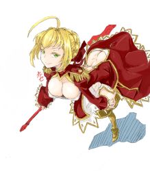 Rule 34 | 10s, 1girl, aestus estus, ahoge, armor, ass, backless dress, backless outfit, blonde hair, breasts, butt crack, cleavage, downblouse, downpants, dress, fate/extra, fate (series), greaves, green eyes, large breasts, nero claudius (fate), nero claudius (fate) (all), nero claudius (fate/extra), smile, solo, sword, wantsupanchi!!, weapon