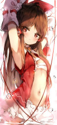 Rule 34 | 1girl, armpits, arms up, bandages, bloomers, blush, bow, bowtie, breasts, brown eyes, brown hair, commentary, detached sleeves, frilled bow, frills, hair bow, hair tubes, hakurei reimu, head tilt, long hair, long sleeves, looking at viewer, navel, no nose, open clothes, open shirt, piyokichi, red bow, red shirt, sarashi, shirt, sidelocks, simple background, sketch, sleeveless, sleeveless shirt, small breasts, solo, stomach, touhou, underwear, very long hair, water drop, white background, white bloomers, yellow bow, yellow bowtie