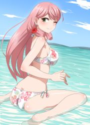 Rule 34 | 10s, 1girl, akashi (kancolle), ass, bikini, blush, breasts, butt crack, floral print, flower, green eyes, hair flower, hair ornament, hair ribbon, hibiscus, kantai collection, long hair, looking at viewer, minarai zouhyou, one eye closed, partially submerged, pink hair, ribbon, smile, solo, swimsuit, tress ribbon, twintails