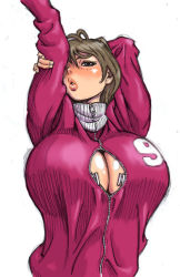 Rule 34 | 1girl, arms up, blush, breasts, brown hair, covering one eye, curvy, huge breasts, lips, long sleeves, mature female, millefeuille, simple background, solo, sportswear, sweater, upper body, white background, zipper
