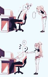 Rule 34 | !, ..., 1boy, 1girl, 2koma, puff of air, ^^^, bare legs, comic, commentary, computer, desk, faceless, food, fruit, haioku colonel, hair intakes, hair ornament, hair scrunchie, high ponytail, highres, hino akane (idolmaster), idolmaster, idolmaster cinderella girls, monochrome, necktie, on chair, orange (fruit), p-head producer, ponytail, producer (idolmaster), raglan sleeves, scrunchie, shirt, shoes, short shorts, short sleeves, shorts, silent comic, sitting, sleeves rolled up, speech bubble, spoken ellipsis, spoken exclamation mark, stretching, t-shirt, watch, white background, wristwatch