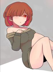 Rule 34 | 1girl, breasts, brown hair, dress, green dress, hair over one eye, hand on own chest, hasso (goodbad963), large breasts, legs, long sleeves, looking at viewer, multicolored hair, off shoulder, original, red eyes, red hair, short hair, two-tone hair