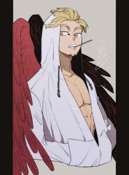 Rule 34 | 1boy, abs, adam&#039;s apple, blonde hair, body markings, boku no hero academia, facial hair, feathered wings, feathers, goatee, hands in pockets, hawks (boku no hero academia), highres, hood, hooded sweater, looking at viewer, mahoubin (totemo hot dayo), male focus, mouth hold, partially unzipped, pectoral cleavage, pectorals, red feathers, signature, simple background, solo, sweater, teeth, teeth hold, toned, toned male, wings, yellow eyes