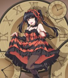 Rule 34 | 1girl, :p, black hair, boots, clock eyes, cross-laced footwear, date a live, dress, gothic lolita, highres, knee boots, kyuutou (kyuutouryuu), lace-up boots, lolita fashion, pantyhose, red eyes, symbol-shaped pupils, thighhighs, tokisaki kurumi, tongue, tongue out, twintails, yellow eyes