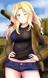 Rule 34 | 1girl, black shirt, blonde hair, blue eyes, blue shorts, blue sky, closed mouth, cloud, cloudy sky, commentary, cowboy shot, cutoffs, day, denim, denim shorts, emblem, girls und panzer, hair intakes, hands on own hips, highres, jacket, kay (girls und panzer), long hair, looking at viewer, m4 sherman, midriff peek, military, military vehicle, motor vehicle, one eye closed, open clothes, open jacket, outdoors, redbaron, saunders military uniform, shirt, short shorts, shorts, sky, smile, solo, standing, star (symbol), tank, thighhighs, twitter username, white shirt