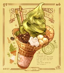 Rule 34 | 2021, artist name, commentary, cookie, english commentary, english text, food, food focus, food request, green background, heart, highres, ice cream, ice cream cone, leaf, marshmallow, matcha (food), nao (bestrollever), no humans, original, pocky, rabbit, stamp mark, star (symbol), still life, tape, whisk