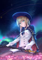 Rule 34 | 1girl, artoria caster (fate), artoria caster (second ascension) (fate), artoria pendragon (fate), black thighhighs, blonde hair, blue eyes, coat, dabingdan, eyebrows hidden by hair, fate/grand order, fate (series), flower, gloves, hair between eyes, highres, holding, holding staff, open mouth, sitting, skirt, smile, solo, staff, thighhighs