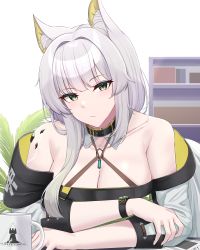 Rule 34 | 1girl, absurdres, animal ears, arknights, bare shoulders, black collar, blush, breasts, cleavage, closed mouth, collar, commentary, cup, english commentary, green eyes, highres, kal&#039;tsit (arknights), kanta (kanta 077), large breasts, long hair, long sleeves, looking at viewer, material growth, mug, off shoulder, oripathy lesion (arknights), silver hair, solo, watch, wristwatch