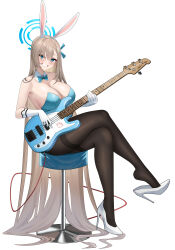 Rule 34 | 1girl, absurdres, asuna (blue archive), asuna (bunny) (blue archive), bare shoulders, black pantyhose, blonde hair, blue archive, blue eyes, blue leotard, blue ribbon, blush, breasts, cleavage, crossed legs, elbow pads, fujioni, full body, gloves, grin, guitar, hair ornament, hair ribbon, halo, high heels, highres, holding, holding instrument, instrument, large breasts, leotard, long hair, looking at viewer, pantyhose, playboy bunny, ribbon, simple background, sitting, smile, solo, stool, teeth, thighs, very long hair, white background, white footwear, white gloves