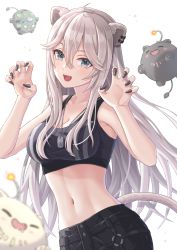 Rule 34 | 1girl, absurdres, ahoge, animal ears, black shorts, black sports bra, breasts, claw pose, cleavage, dog tags, ear piercing, fangs, floating hair, grey eyes, grey hair, hair between eyes, hands up, head tilt, highres, hololive, large breasts, lion ears, lion girl, lion tail, long hair, looking at viewer, navel, open mouth, piercing, shishiro botan, shishiro botan (button-down), shorts, sidelocks, simoumi 217, simple background, smile, solo, sports bra, ssrb (shishiro botan), striped, striped sports bra, tail, very long hair, virtual youtuber, white background