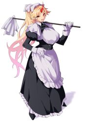 Rule 34 | 1girl, alternate hairstyle, apron, black dress, black footwear, blonde hair, commentary, dress, fugaku (miko no miyatsuguchi), full body, gloves, highres, horns, hoshiguma yuugi, juliet sleeves, long hair, long sleeves, looking at viewer, maid, maid apron, oni horns, open mouth, pointy ears, ponytail, puffy sleeves, red eyes, red horns, simple background, single horn, solo, touhou, white apron, white background, white gloves