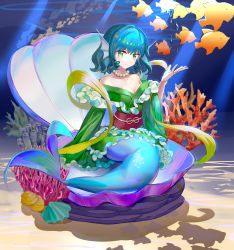 Rule 34 | 1girl, blue hair, blush, bubble, clam, closed mouth, commentary, coral, eyebrows hidden by hair, fins, fish, frilled kimono, frilled sleeves, frills, full body, green eyes, green kimono, head fins, highres, japanese clothes, jewelry, kimono, light rays, long sleeves, looking at viewer, medium hair, mermaid, monster girl, necklace, obi, off shoulder, sash, shell, sitting, smile, solo, touhou, underwater, vanink, wakasagihime, water, wide sleeves