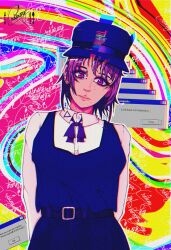 Rule 34 | 0rdinaryguy, 1girl, bow, bowtie, chainsaw man, earrings, fami (chainsaw man), glitch, gradient background, hat, highres, jewelry, multiple piercings, school uniform