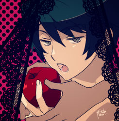 Rule 34 | 2boys, apple, black hair, eyebrows, food, fruit, grey eyes, hiyama kiyoteru, lace, looking at viewer, male focus, mouri, multiple boys, open mouth, romeo to cinderella (vocaloid), signature, vocaloid, yaoi