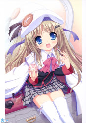 Rule 34 | 1girl, absurdres, beret, blonde hair, blue eyes, blush, bow, cape, fang, hair ornament, hand mirror, hat, highres, image sample, lipstick, little busters!, makeup, mirror, noumi kudryavka, pink bow, plaid, plaid skirt, pleated skirt, school uniform, skirt, smile, solo, thighhighs, tsukishima yuuko, white thighhighs