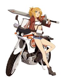 Rule 34 | 1girl, blonde hair, clarent (fate), fate/apocrypha, fate (series), green eyes, long hair, midriff, mordred (fate), mordred (fate/apocrypha), mordred (memories at trifas) (fate), motor vehicle, motorcycle, navel, ningen (ningen96), ponytail, short shorts, shorts, smile, solo, weapon