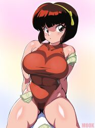 Rule 34 | 1girl, absurdres, banknote, bob cut, breasts, brown eyes, brown hair, donguri2, gradient background, highres, impossible clothes, large breasts, leotard, looking at viewer, money, ranma 1/2, shiny skin, skin tight, solo, tendou nabiki, thick thighs, thighs, tucked money, wide hips