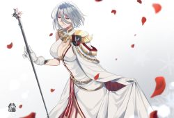 Rule 34 | 1girl, alternate costume, azur lane, breasts, cleavage, cloak, closed eyes, closed mouth, commentary request, cross, dress, epaulettes, evening gown, falling petals, gloves, grey hair, iron cross, large breasts, mugino kouji, petals, rose petals, short hair, side cape, skirt hold, solo, staff, standing, tirpitz (azur lane), tirpitz (iron blood snowstorm) (azur lane), white dress, white gloves