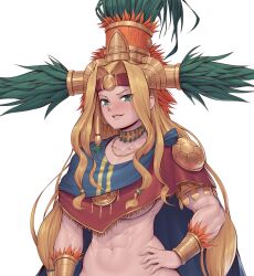 Rule 34 | absurdres, aztec, blonde hair, fate/grand order, fate (series), green eyes, hand on own hip, highres, light smile, muscular, poncho, quetzalcoatl (fate), speedl00ver