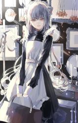 Rule 34 | 1girl, bag, highres, holding, holding bag, isshiki shime, long hair, looking at viewer, maid, maid headdress, original, solo, white hair, yellow eyes