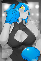 Rule 34 | 1girl, animal ears, black leotard, blue hair, blush, boxing gloves, breasts, cleavage, cleavage cutout, clothing cutout, dif (difman), female focus, fighting stance, flying sweatdrops, highres, large breasts, leotard, looking at viewer, monochrome, niwarhythm, pout, rabbit ears, short hair, solo, spot color, sweat, wide hips, yellow eyes