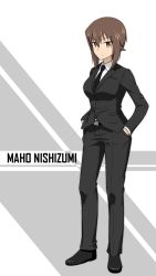 Rule 34 | 10s, 1girl, belt, black footwear, black jacket, black necktie, black pants, brown eyes, brown hair, character name, dconan owo, formal, full body, girls und panzer, hair between eyes, hands in pockets, highres, jacket, looking at viewer, necktie, nishizumi maho, pant suit, pants, shirt, shoes, short hair with long locks, sidelocks, solo, standing, suit, white background, white shirt