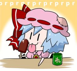 Rule 34 | 1girl, animated, animated gif, blue hair, chibi, hat, ice cream, licking, mob cap, remilia scarlet, steaming, tagme, tea, tongue, tongue out, touhou, vampire