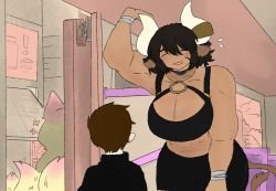 Rule 34 | 1boy, 2girls, ^ ^, breasts, brown hair, bus, closed eyes, cow girl, dark skin, fox girl, highres, large breasts, latenight, minotaur, motor vehicle, multiple girls, muscular, muscular female, size difference, sports bra