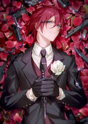 Rule 34 | 1boy, barbed wire, black gloves, blue eyes, breast pocket, bullet, closed mouth, collared shirt, commentary, earrings, ensemble stars!, flower, flower in pocket, formal, glasses, gloves, gun, hair between eyes, holding, holding weapon, jewelry, lapels, long sleeves, lying, male focus, necktie, petals, pocket, purple hair, rose, rrr (reason), saegusa ibara, shirt, solo, suit, tie clip, weapon, white flower, white rose