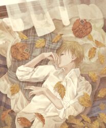 Rule 34 | 1boy, autumn, autumn leaves, bed sheet, blonde hair, closed eyes, collared shirt, covered mouth, eyelashes, facing to the side, fingernails, hand up, highres, indoors, kogaayumi, leaf, letter, long sleeves, lying, male focus, on back, on bed, original, plaid, plaid scarf, profile, scarf, shirt, short hair, sleeping, sleeves rolled up, solo, stamp mark, untucked shirt, unworn scarf, upper body, white shirt, window