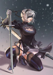Rule 34 | 1girl, absurdres, android, black dress, black hairband, boots, breasts, cleavage, cleavage cutout, clothing cutout, covered eyes, dress, feather-trimmed sleeves, gloves, hairband, high heel boots, high heels, highres, holding, holding sword, holding weapon, juliet sleeves, leotard, long sleeves, nier:automata, nier (series), on one knee, pod (nier:automata), puffy sleeves, short hair, silver hair, solo, sword, thigh boots, thighhighs, thighhighs under boots, thighs, turtleneck, weapon, 2b (nier:automata)