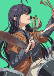 Rule 34 | 1girl, afterimage, ahoge, awa subaru, belt, black hair, blush, brown belt, closed eyes, commentary, drumsticks, floating hair, geng99161, girls band cry, green background, grey shirt, highres, holding, holding drumsticks, instrument, jacket, layered sleeves, long hair, long sleeves, music, open clothes, open jacket, open mouth, playing drum, playing instrument, shirt, short over long sleeves, short sleeves, sidelocks, simple background, solo, sparkle, sweat, teeth, upper teeth only