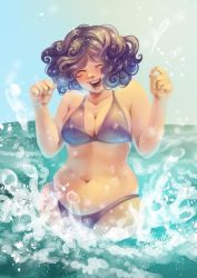 Rule 34 | 1girl, bikini, black hair, breasts, cleavage, curly hair, closed eyes, large breasts, navel, open mouth, short hair, solo, splashing, swimsuit, tetisuka, water