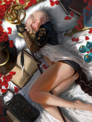 Rule 34 | 1girl, anklet, ass, bag, bed, black panties, book, commentary, english commentary, gloves, hanho lee, hat, highres, holding, holding staff, jacket, jewelry, legend of the cryptids, lying, on bed, on side, panties, petals, pillow, potion, quill, rose petals, satchel, short hair, solo, staff, underwear, witch hat