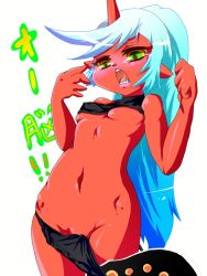 Rule 34 | 10s, blush, breasts, cleavage, colored skin, demon girl, horns, kneesocks (psg), panty &amp; stocking with garterbelt, red skin, single horn, swimsuit, tears