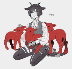 Rule 34 | 1boy, animal, animal ears, animal on lap, ascot, commentary, cracked skin, dated, english commentary, eyelashes, full body, goat boy, goat ears, goat horns, hand up, heterochromia, highres, horizontal pupils, horns, kaito (vocaloid), lamb, leg belt, long sleeves, looking at viewer, male focus, mechanical arms, monochrome, no jacket, on lap, pants, parted lips, petting, project diva (series), prosthesis, prosthetic hand, puffy long sleeves, puffy sleeves, requiem (module), seiza, sheep, simple background, sitting, soup dumplin, spot color, swept bangs, vest, vocaloid