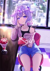 1girl alternate_costume alternate_hairstyle city crown fairy_wings female_focus food gem hair_flaps hand_on_own_face hololive hololive_english jewel_under_eye koseki_bijou looking_at_viewer parfait purple_eyes purple_hair short_hair shorts sitting smile solo sweater uoca valentine virtual_youtuber window wings