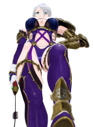 Rule 34 | 1girl, bdsm, blue eyes, breasts, defeat, elbow gloves, from below, gauntlets, gloves, grey hair, hair over one eye, highres, isabella valentine, jewelry, large breasts, looking at viewer, pov, revealing clothes, seset, short hair, solo, soul calibur, stepped on, weapon, whip sword, white background, white gloves