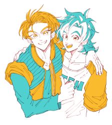 Rule 34 | 2boys, :d, arm around shoulder, bad id, bad pixiv id, blush, dragon ball, dragonball z, eyelashes, fingernails, grin, happy, jacket, long sleeves, looking at viewer, male focus, multiple boys, onkywi, open mouth, shirt, short hair, simple background, smile, son goten, thumbs up, trunks (dragon ball), upper body, white background