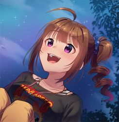 Rule 34 | 1girl, ahoge, blush, bra strap, breasts, brown hair, collarbone, drill hair, idolmaster, idolmaster million live!, kamille (vcx68), large breasts, looking away, night, night sky, open mouth, outdoors, purple eyes, short hair, side drill, sky, smile, solo, star (sky), starry sky, yokoyama nao