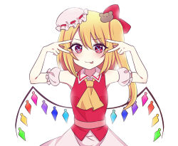Rule 34 | 1girl, ascot, blonde hair, blush, closed mouth, crossover, crystal, double v, fingernails, flandre scarlet, hair between eyes, hat, highres, hoshino ai&#039;s pose, long hair, looking at viewer, mob cap, nail polish, one side up, oshi no ko, parody, pose imitation, red eyes, red nails, red vest, simple background, smile, solo, subaru (subachoco), tongue, tongue out, touhou, v, vest, white background, white hat, wings, yellow ascot