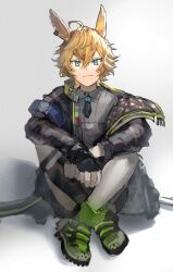 Rule 34 | 1boy, absurdres, animal ears, arknights, black jacket, blonde hair, ear piercing, fingerless gloves, gloves, green eyes, green footwear, grey shirt, hashtag-only commentary, highres, infection monitor (arknights), jacket, leonhardt (arknights), looking at viewer, male focus, neumo, piercing, rabbit boy, rabbit ears, shirt, sitting, smile, white background