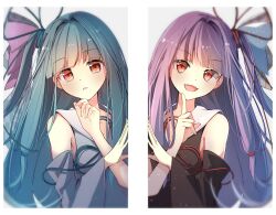 Rule 34 | 2girls, absurdres, armpits, bare shoulders, black dress, black sleeves, blue bow, blunt bangs, border, bow, collar, collarbone, commentary, detached sleeves, dress, fang, finger to own chin, grey background, hair bow, hair ribbon, happy, head tilt, highres, kotonoha akane, kotonoha aoi, long hair, multiple girls, open mouth, outstretched hand, pink hair, pointing, pointing at self, ponytail, rasu (mtn), red eyes, red ribbon, ribbon, sailor collar, sailor dress, siblings, side ponytail, simple background, sisters, sleeveless, sleeveless dress, smile, very long hair, voiceroid, white border, white collar, white sailor collar, wide sleeves