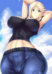 Rule 34 | 1girl, armpits, arms behind head, arms up, blonde hair, blue eyes, breasts, curvy, denim, covered erect nipples, fat mons, from below, haganef, huge breasts, impossible clothes, jeans, large breasts, looking at viewer, midriff, muv-luv, muv-luv alternative, muv-luv total eclipse, pants, smile, solo, stella bremer, wide hips