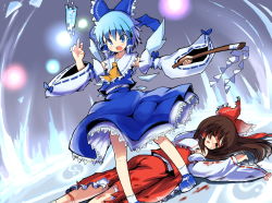 Rule 34 | 2girls, ankle socks, arm up, ascot, blood, blood on clothes, blue eyes, blue hair, bow, brown eyes, brown hair, cirno, cosplay, detached sleeves, empty eyes, gohei, gradient background, hair bow, hair tubes, hakkotsu shitai, hakurei reimu, hakurei reimu (cosplay), ice, light particles, long hair, looking at viewer, lying, multiple girls, ofuda, on stomach, open mouth, outstretched arm, shoes, short hair, skirt, skirt set, sneakers, socks, touhou, wings