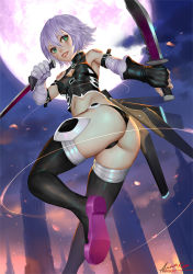 Rule 34 | 1girl, ariverkao, armpits, ass, bandages, black thighhighs, blade, fate/apocrypha, fate (series), fingerless gloves, gloves, green eyes, grin, jack the ripper (fate/apocrypha), midair, midriff, moon, navel, smile, solo, thighhighs, thong