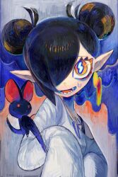Rule 34 | 1girl, abstract background, bat (animal), bat wings, black hair, black straps, bright pupils, double bun, earrings, eyelashes, fang, hair bun, hair over one eye, hands up, highres, jewelry, lightning bolt symbol, long bangs, long sleeves, looking at viewer, makeup, mascara, mob face, necklace, nedoco, nervous, nervous sweating, off-shoulder shirt, off shoulder, open mouth, orange eyes, original, paw pose, pet, pointy ears, sharp teeth, shirt, short hair, single earring, sleeves past fingers, sleeves past wrists, smile, solo focus, strap, sweat, sweatdrop, swept bangs, symbol-shaped pupils, teeth, thick eyelashes, tongue, upper body, very long sleeves, white shirt, wings