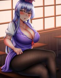 1girl, ass, bangs, blue dress, blue hair, blush, breasts, brown legwear, chair, classroom, cleavage, collarbone, commentary request, desk, dress, eyebrows visible through hair, eyelashes, fine fabric emphasis, hair between eyes, half-closed eyes, hat, highres, indoors, kamishirasawa keine, large breasts, legs crossed, lifted by self, long hair, looking at viewer, mimasi osuwari, multicolored hair, neckerchief, on table, open mouth, pantyhose, puffy short sleeves, puffy sleeves, school desk, short sleeves, sidelocks, silver hair, sitting, sitting on table, skirt, skirt lift, solo, table, thighband pantyhose, thighs, tokin hat, touhou, two-tone hair