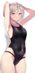 Rule 34 | 1girl, absurdres, arms behind head, arms up, black one-piece swimsuit, breasts, brown eyes, commentary request, competition school swimsuit, competition swimsuit, cowboy shot, highres, kairi (miry666), looking at viewer, medium breasts, one-piece swimsuit, original, school swimsuit, short ponytail, silver hair, simple background, solo, swimsuit, white background